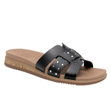 Skechers Women's 114703 BOBS Desert Kiss Low Stud Look Black Vegan Plush Foam Slide Sandals ThatShoeStore