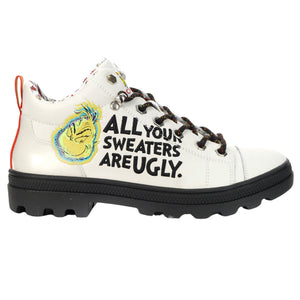 Skechers Women's 155277 Dr Seuss The Grinch Roadies Ugly Sweater Christmas White Black Casual Boots