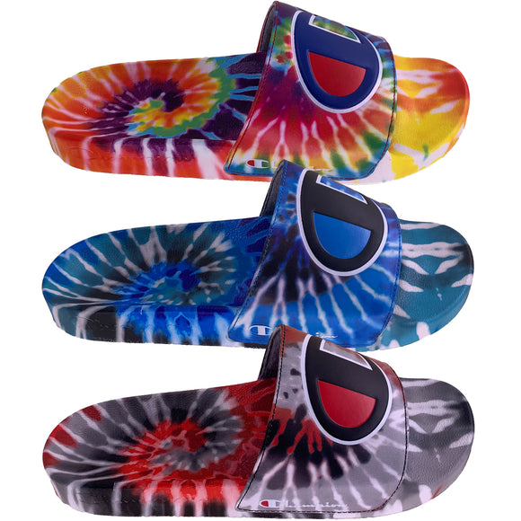 Champion Men's IPO Tie Dye Rainbow Black Blue Red Sandals Slides