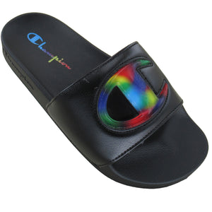 Champion Women's IPO Jellie Black Multi Rainbow Logo Sandals
